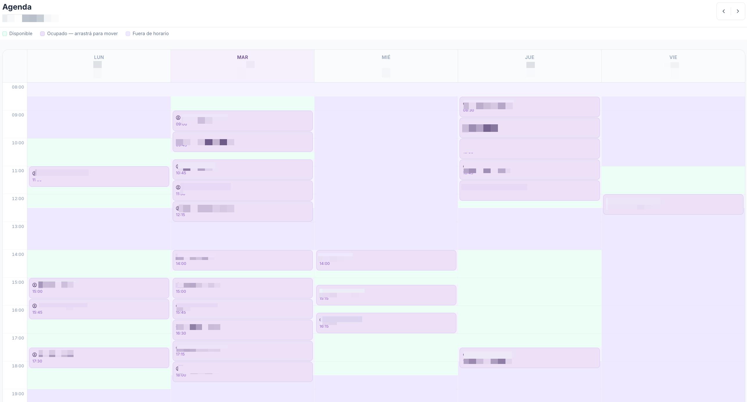 Vista de agenda semanal de Praktia con bloques de sesiones