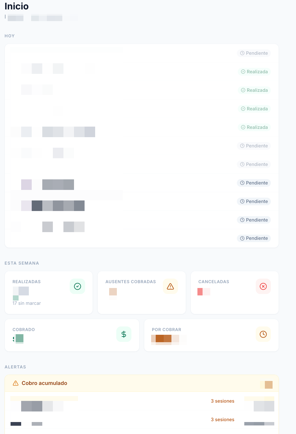 Dashboard de Praktia con sesiones del día y métricas