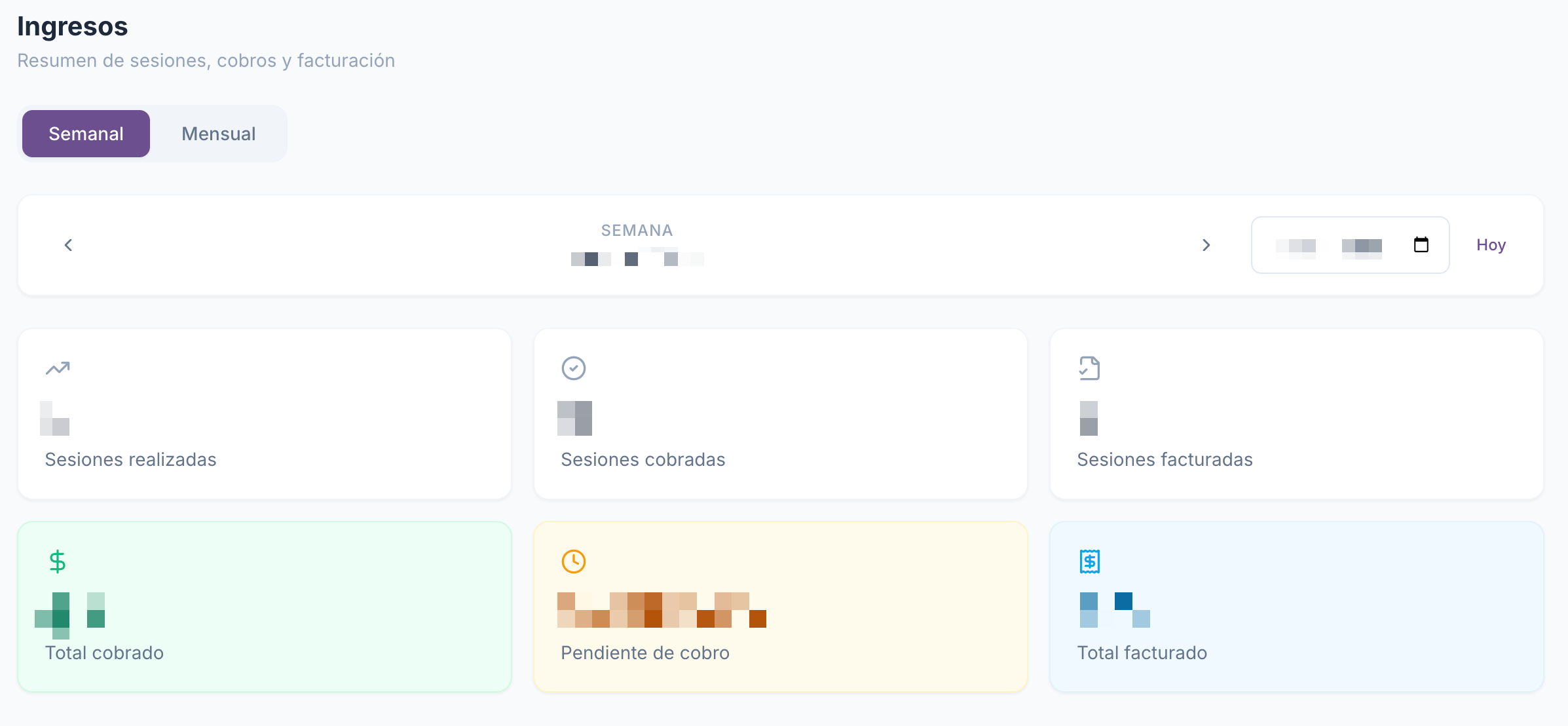 Pantalla de ingresos de Praktia con métricas de cobro